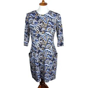 J McLaughlin Paisley Dress Womens Large Blue Shift Pockets Stretch Summer Resort